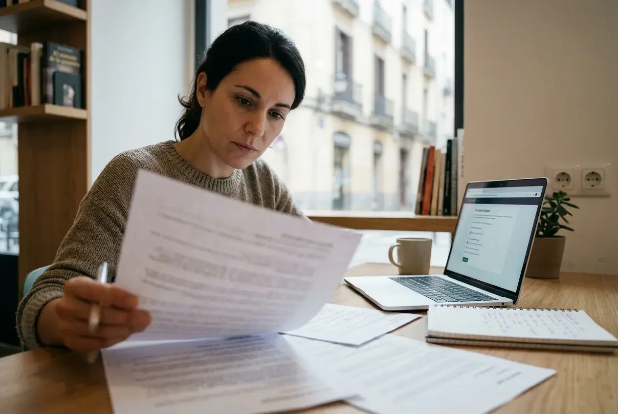 Persona revisando condiciones de pago y verificación antes de enviar documentos