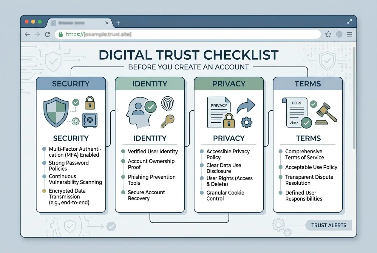 Lista de señales de confianza digital antes de crear una cuenta