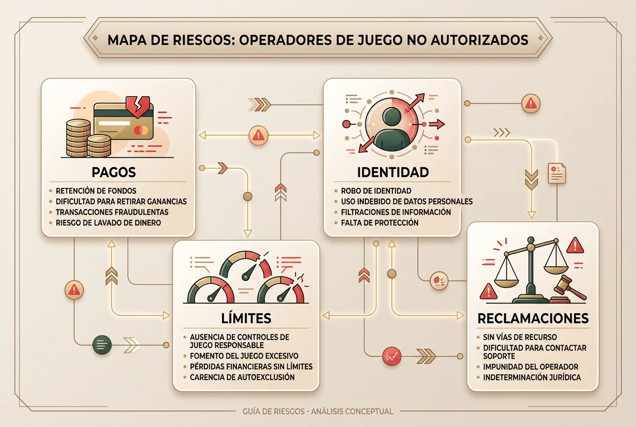 Mapa visual de riesgos al evaluar una página de juego no autorizada