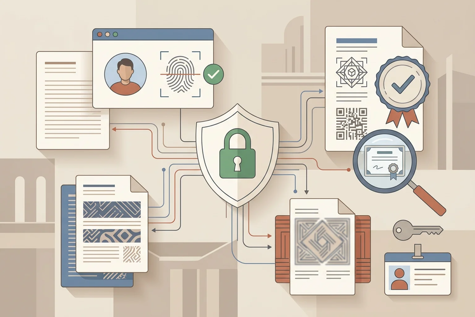 Pantalla con revisión de privacidad, identidad del sitio y señales de confianza digital